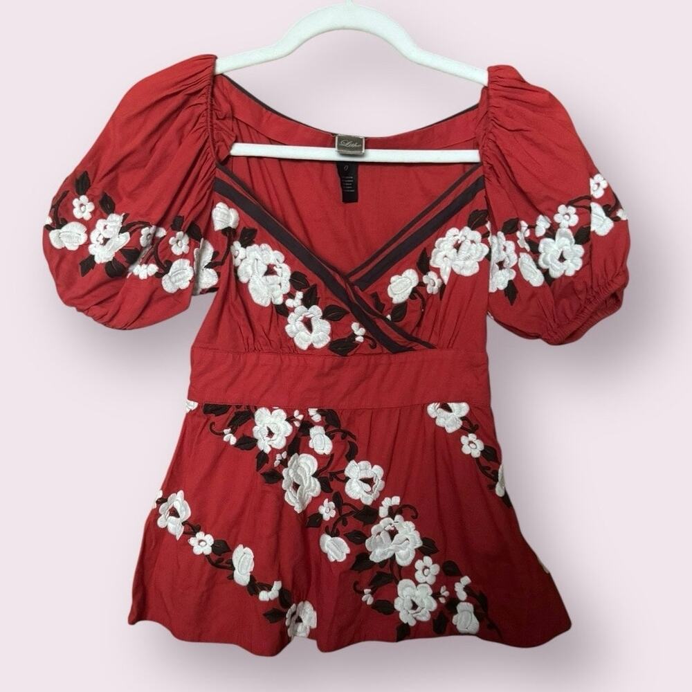 Anthropologie Lithe Embroidered Red Puff Sleeve Blouse